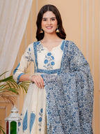 Printed Designer Neck Flared Anarkali Kurta With Pant & Dupatta, Aqua-Blue - Hiral Fashion - Distacart