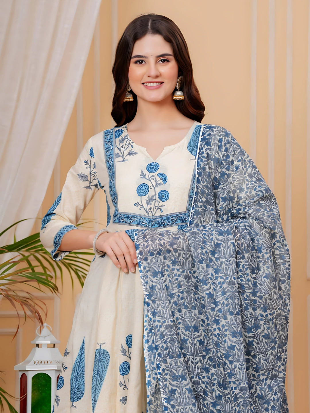 Printed Designer Neck Flared Anarkali Kurta With Pant & Dupatta, Aqua-Blue - Hiral Fashion - Distacart