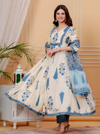 Printed Designer Neck Flared Anarkali Kurta With Pant & Dupatta, Aqua-Blue - Hiral Fashion - Distacart