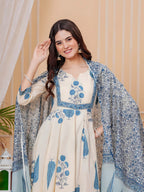 Printed Designer Neck Flared Anarkali Kurta With Pant & Dupatta, Aqua-Blue - Hiral Fashion - Distacart