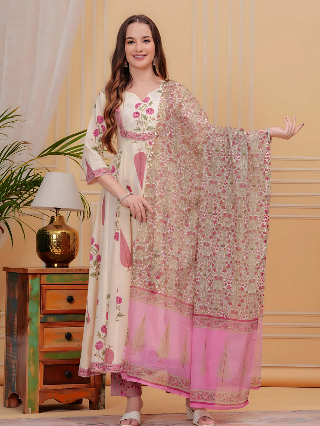 Printed Designer Neck Flared Anarkali Kurta With Pant & Dupatta, Pink - Hiral Fashion - Distacart