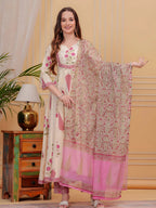 Printed Designer Neck Flared Anarkali Kurta With Pant & Dupatta, Pink - Hiral Fashion - Distacart