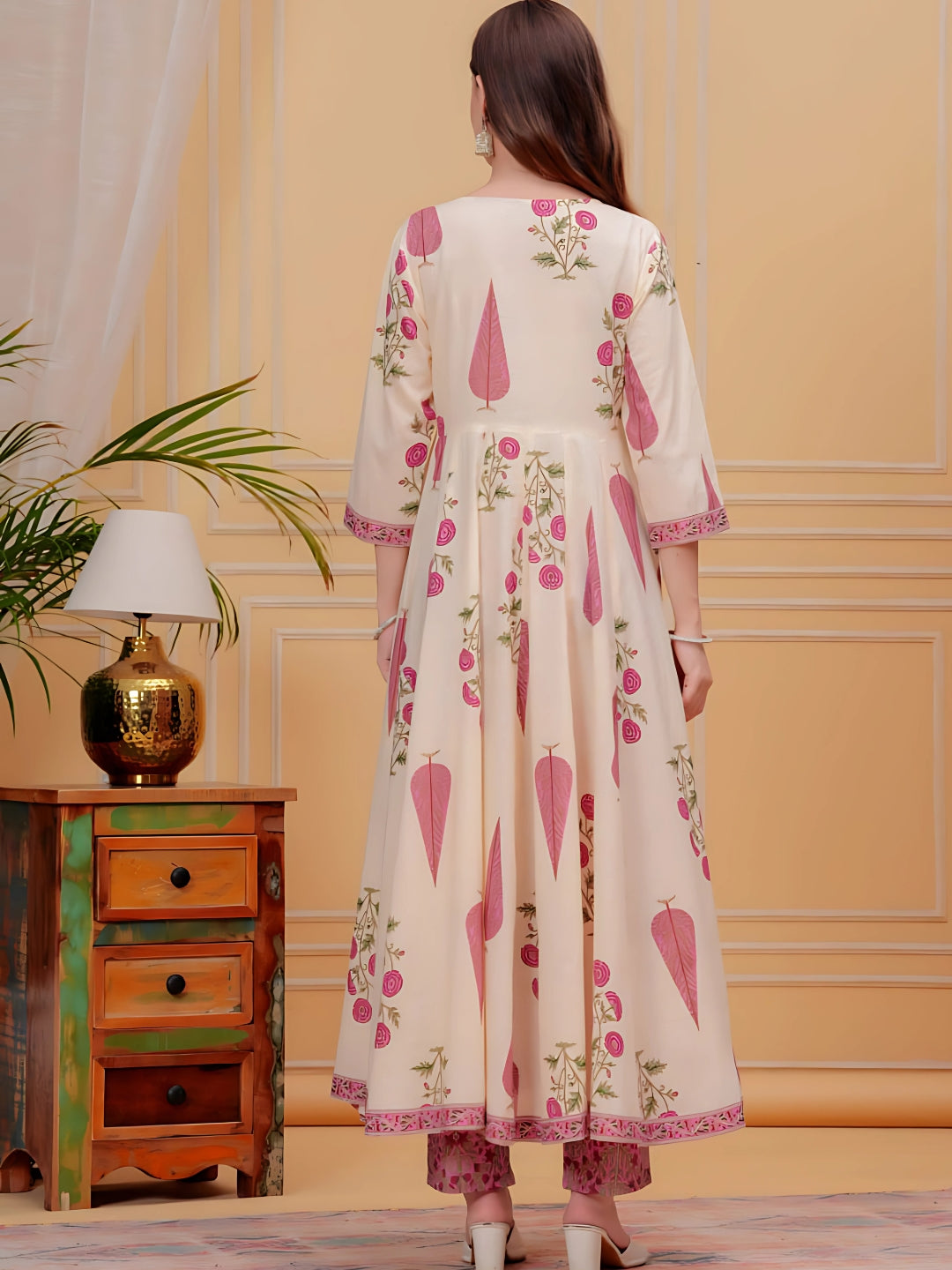 Printed Designer Neck Flared Anarkali Kurta With Pant & Dupatta, Pink - Hiral Fashion - Distacart