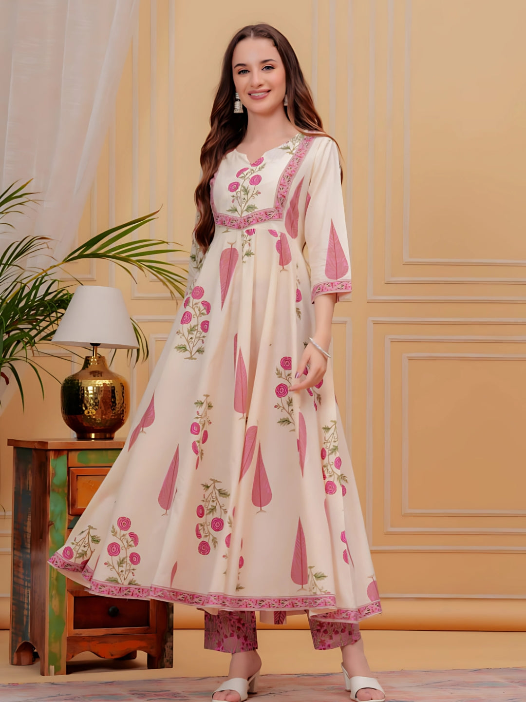 Printed Designer Neck Flared Anarkali Kurta With Pant & Dupatta, Pink - Hiral Fashion - Distacart