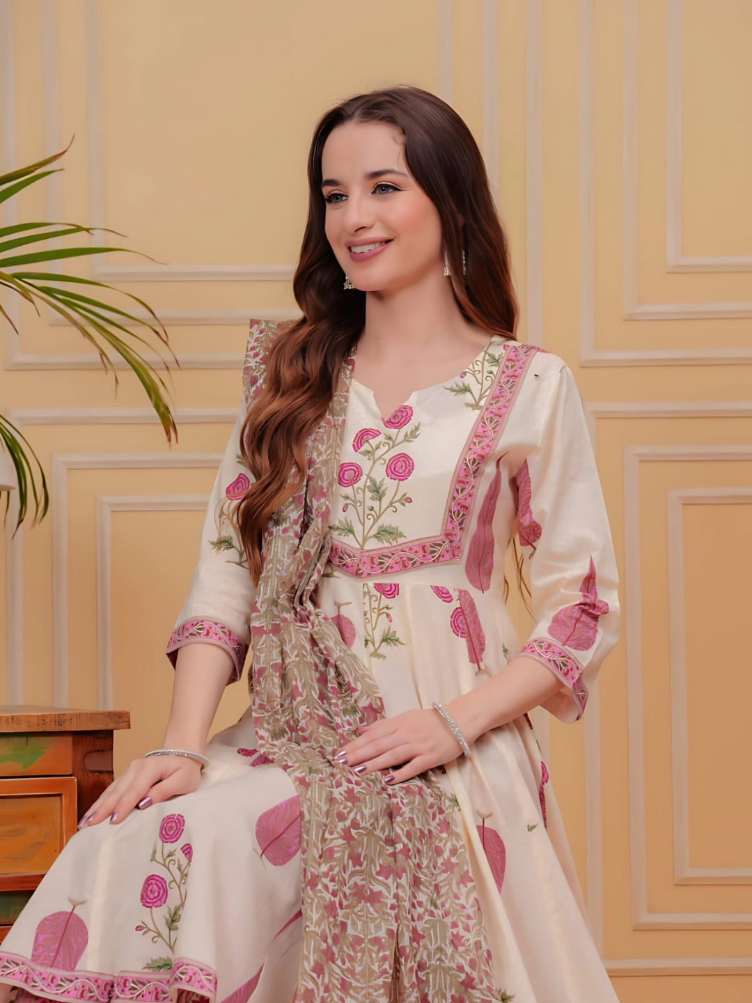 Printed Designer Neck Flared Anarkali Kurta With Pant & Dupatta, Pink - Hiral Fashion - Distacart