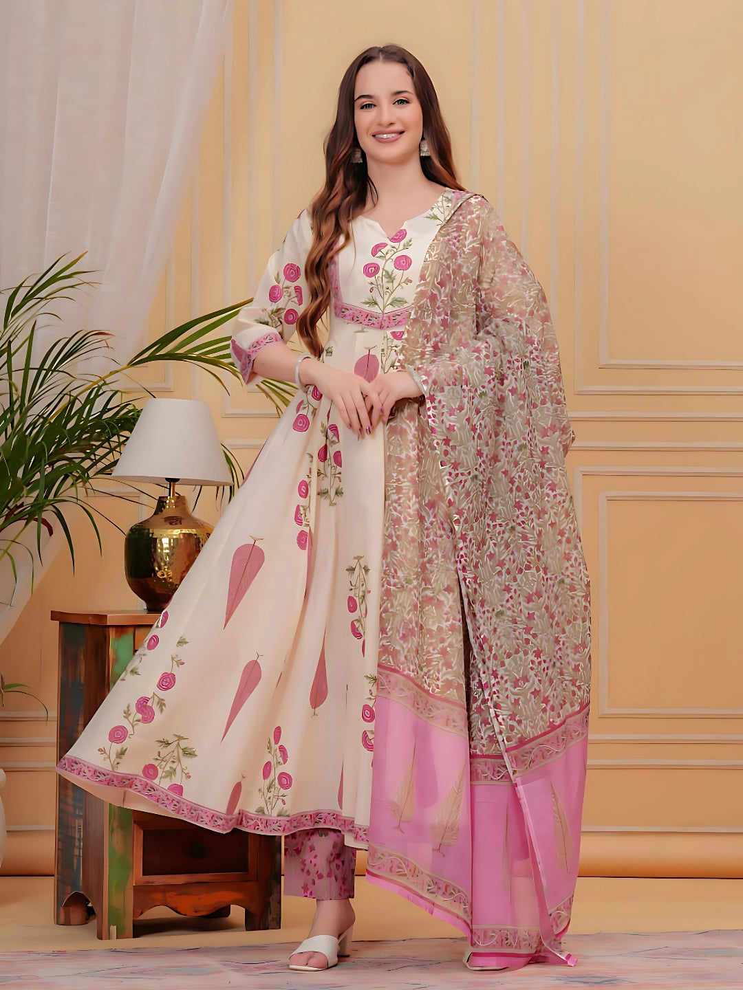Printed Designer Neck Flared Anarkali Kurta With Pant & Dupatta, Pink - Hiral Fashion - Distacart