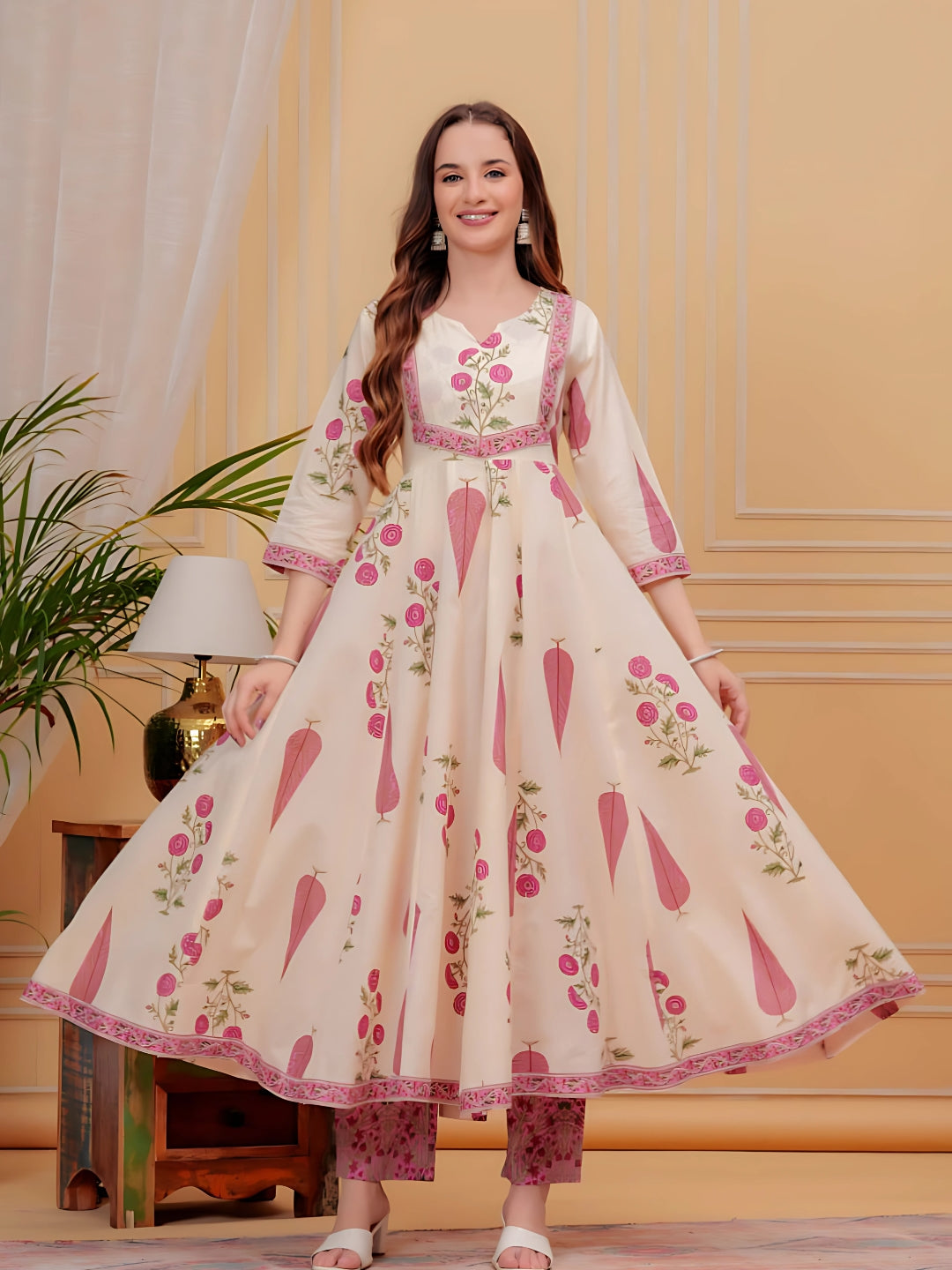Printed Designer Neck Flared Anarkali Kurta With Pant & Dupatta, Pink - Hiral Fashion - Distacart