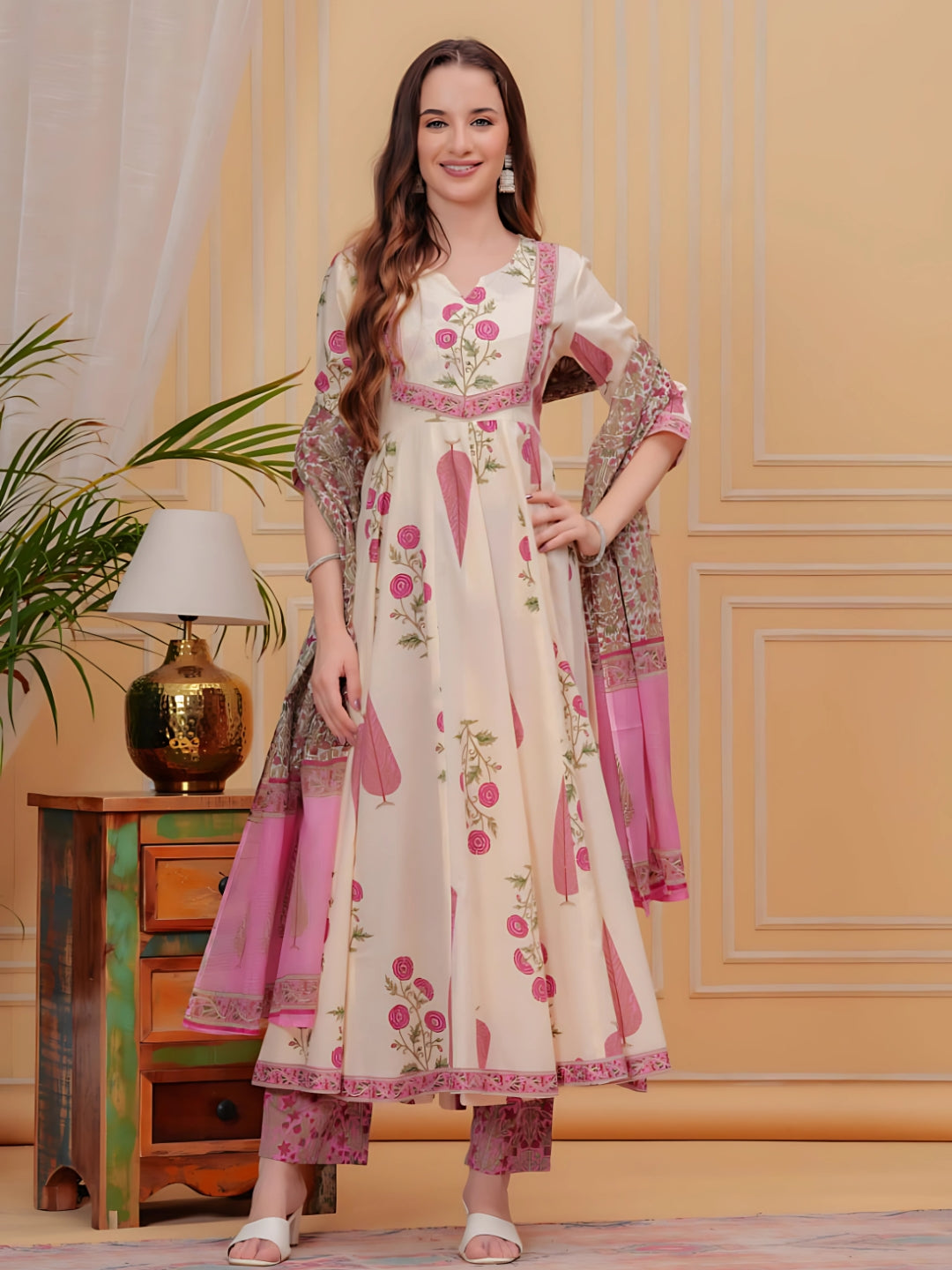 Printed Designer Neck Flared Anarkali Kurta With Pant & Dupatta, Pink - Hiral Fashion - Distacart