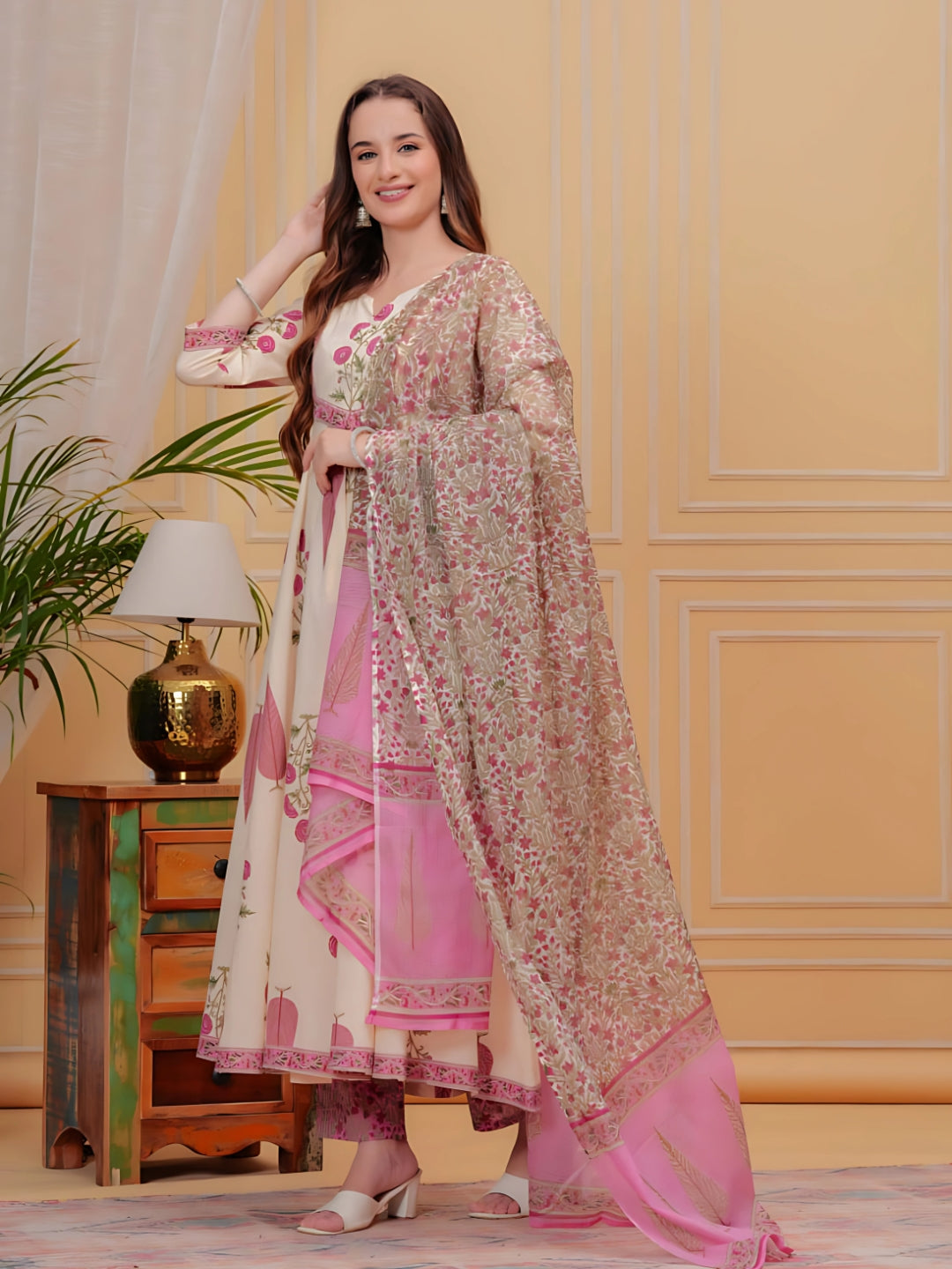 Printed Designer Neck Flared Anarkali Kurta With Pant & Dupatta, Pink - Hiral Fashion - Distacart
