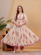 Printed Designer Neck Flared Anarkali Kurta With Pant & Dupatta, Pink - Hiral Fashion - Distacart