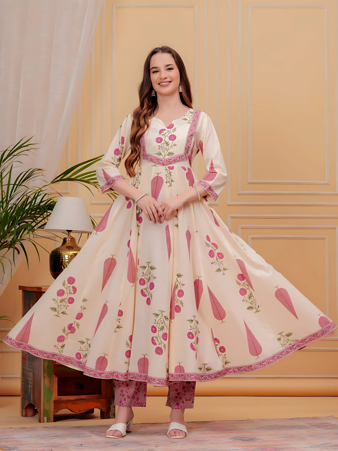 Printed Designer Neck Flared Anarkali Kurta With Pant & Dupatta, Pink - Hiral Fashion - Distacart