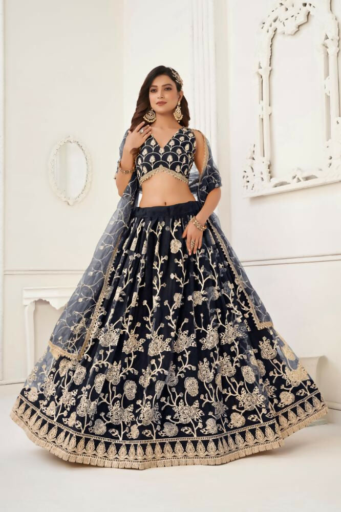 Aastha Fashion Black Butterfly Net White Cotton Thread Work And Sequence Work Embroidery Wedding Wear Lehenga Choli