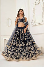 Aastha Fashion Black Butterfly Net White Cotton Thread Work And Sequence Work Embroidery Wedding Wear Lehenga Choli