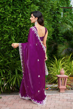 Vastranavya Purple Embroidery Work Shimmer Chiffon Saree with Unstitched Blouse - Distacart