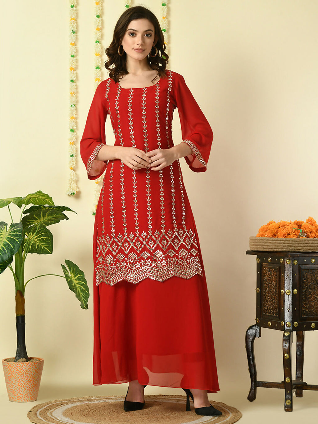 Myshka Women's Red Georgette Kurta & Skirt With Dupatta Party Sets