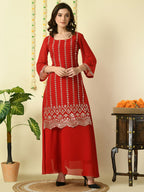 Myshka Women's Red Georgette Kurta & Skirt With Dupatta Party Sets