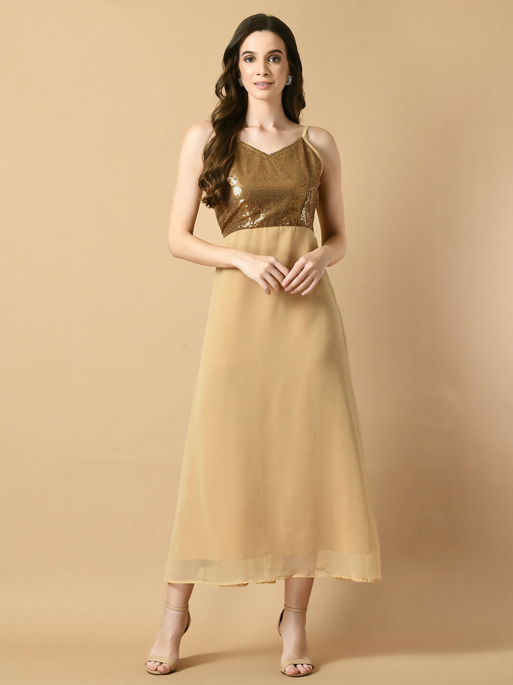 Myshka Women's Beige Solid Georgette Party Dress - Distacart