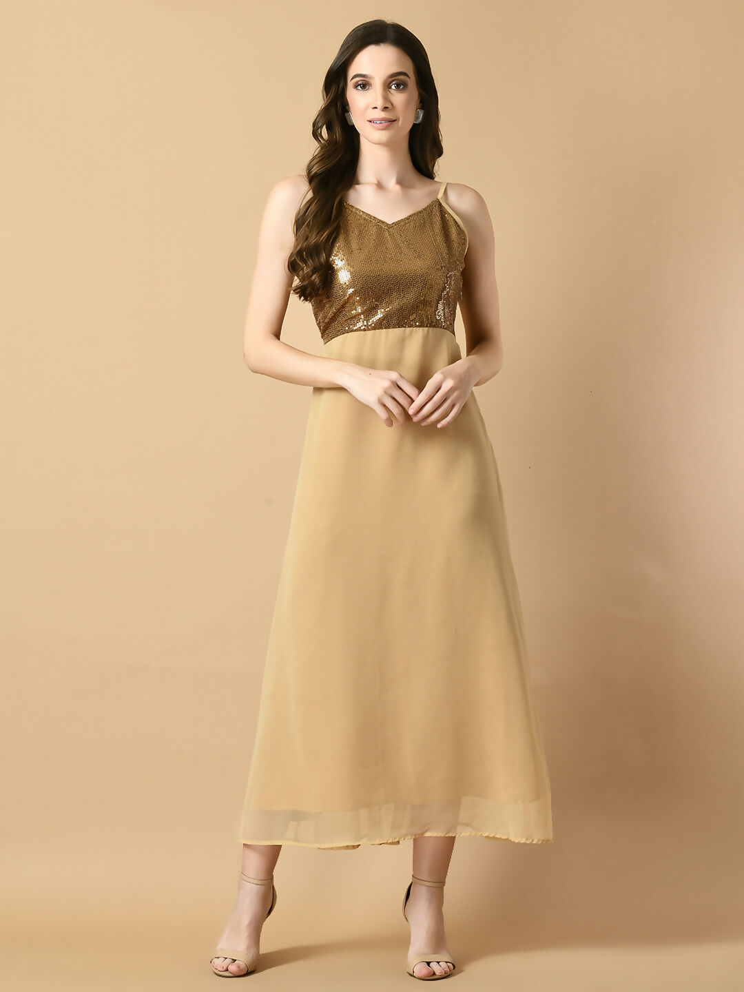 Myshka Women's Beige Solid Georgette Party Dress - Distacart