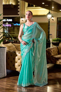 Vastranavya Turquoise Embroidery Work Shimmer Chiffon Saree with Unstitched Blouse - Distacart