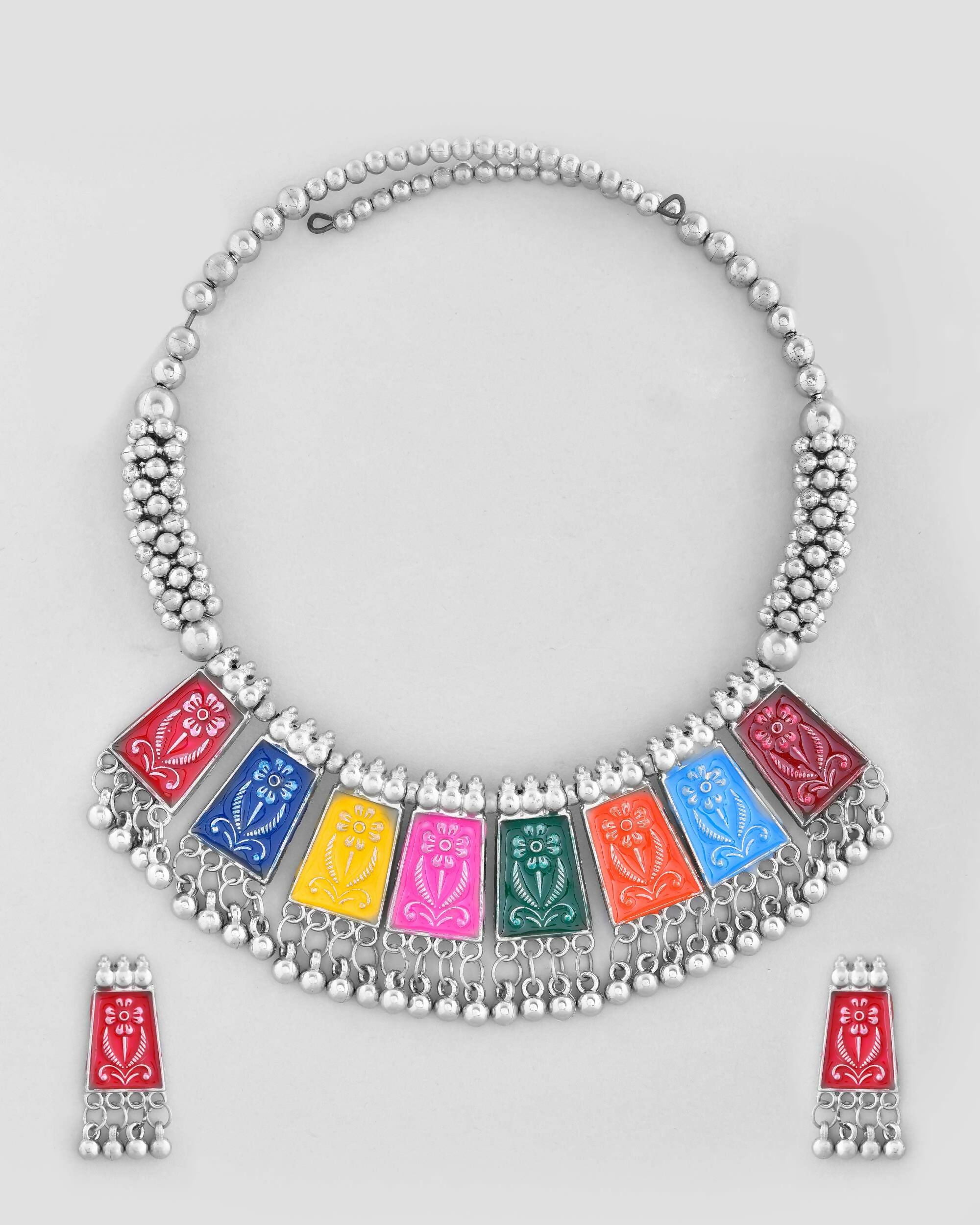 VOJ Silver Plated Oxidized Multi Color Hasli with Earring Set