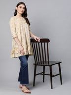 Ahalyaa Beige Cotton Gold Printed Tunic - Distacart
