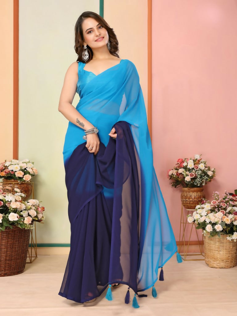 Blue Georgette Pedding Color Printed Ready To Wear Saree - Aalaya