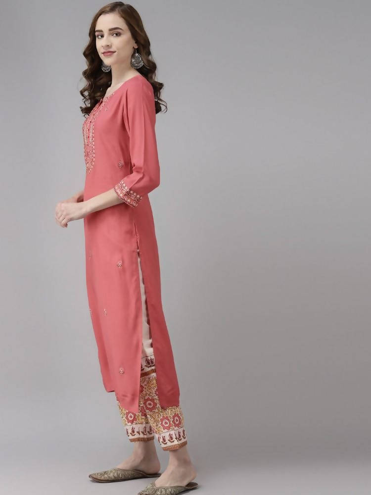 Yufta Women Pink Ethnic Motifs Embroidered Kurta with Palazzo & Dupatta