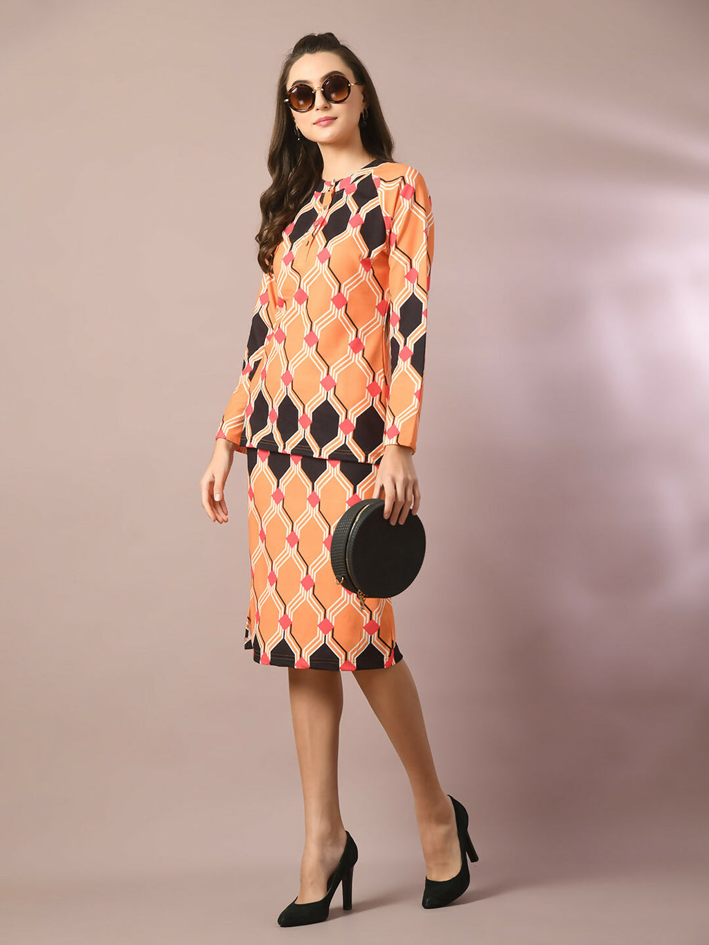 Myshka Women's Multi Printed Round Neck Party Top With Skirt Co-ord set