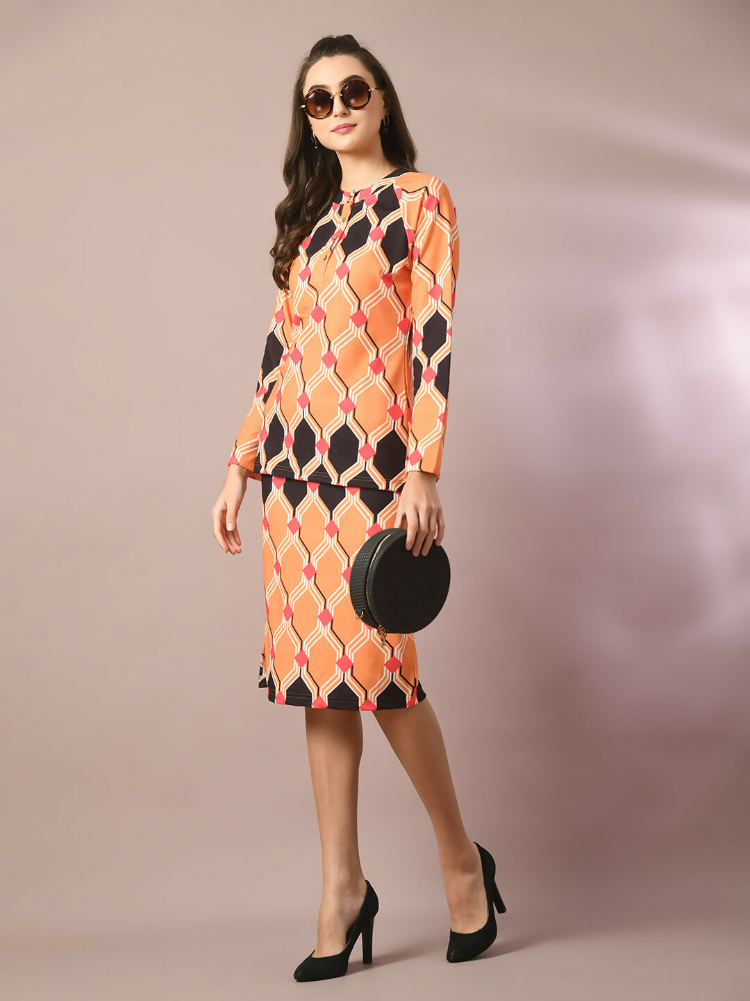 Myshka Women's Multi Printed Round Neck Party Top With Skirt Co-ord set