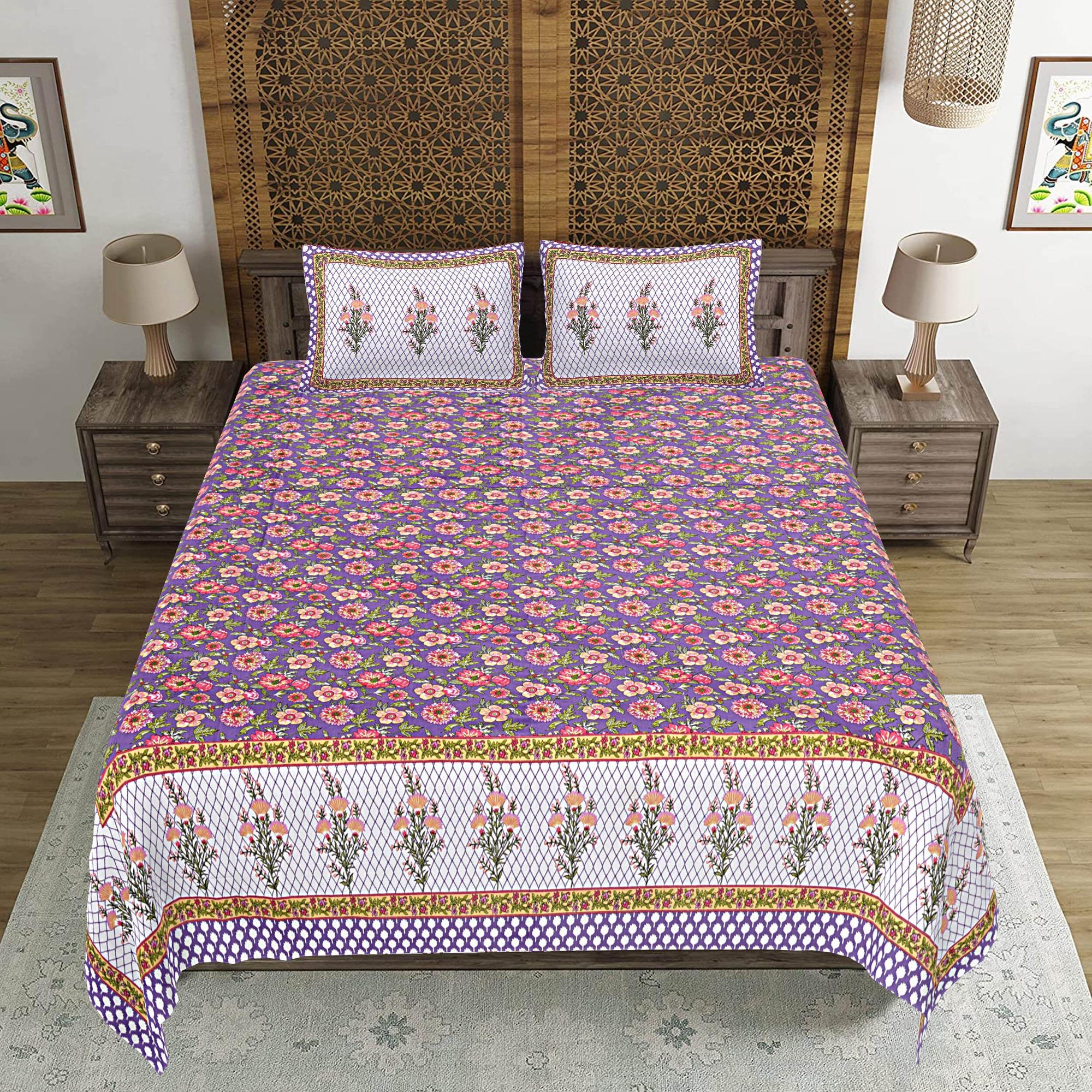 Rudra Bazaar Purple 210 TC Cotton Double King Bedsheet With 2 Pillow Covers - Distacart
