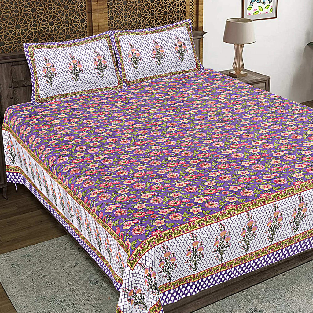 Rudra Bazaar Purple 210 TC Cotton Double King Bedsheet With 2 Pillow Covers - Distacart