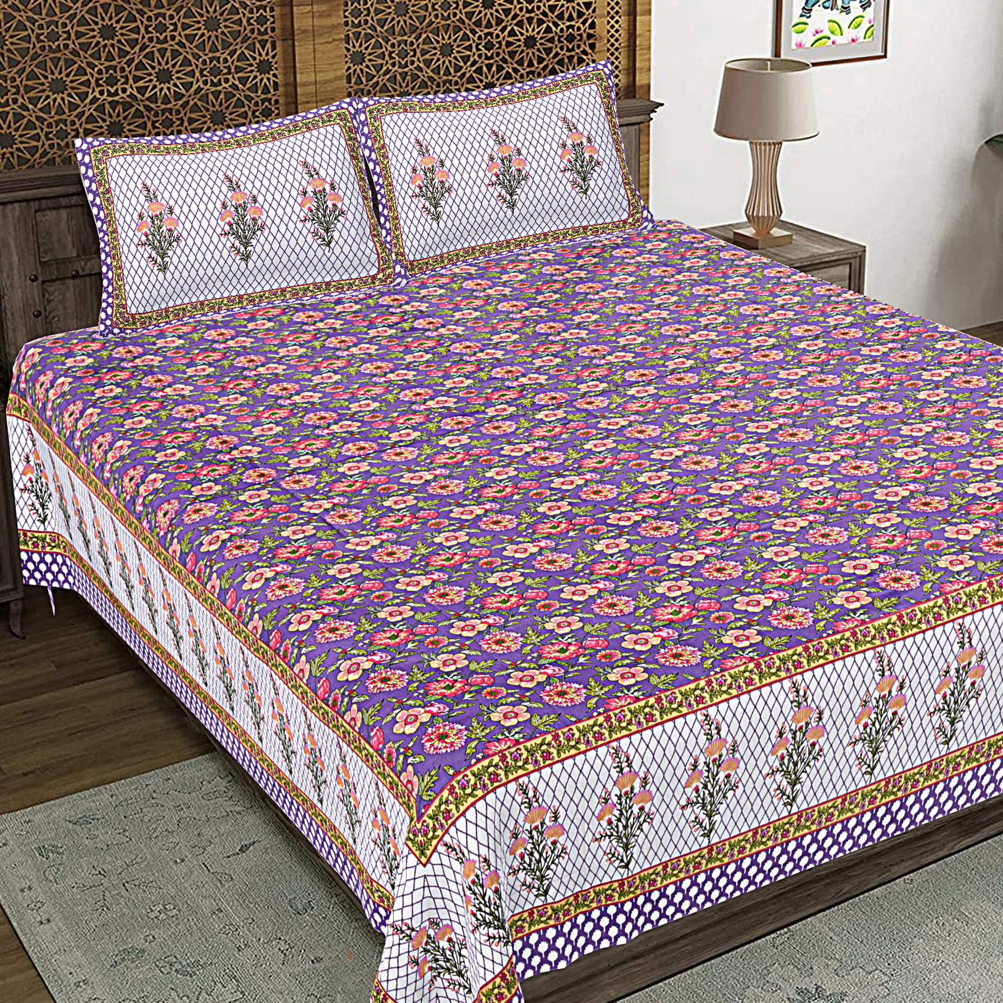 Rudra Bazaar Purple 210 TC Cotton Double King Bedsheet With 2 Pillow Covers - Distacart
