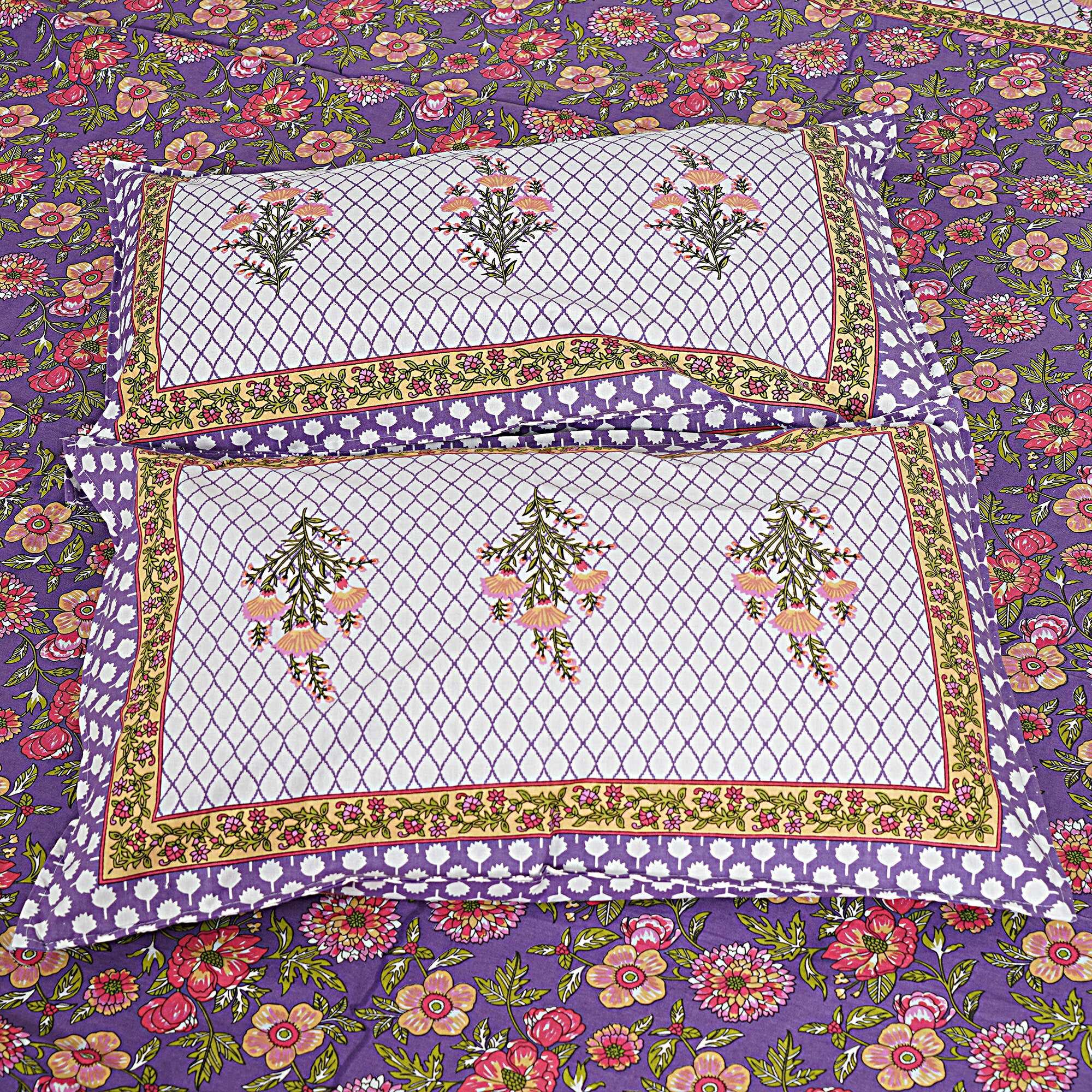 Rudra Bazaar Purple 210 TC Cotton Double King Bedsheet With 2 Pillow Covers - Distacart