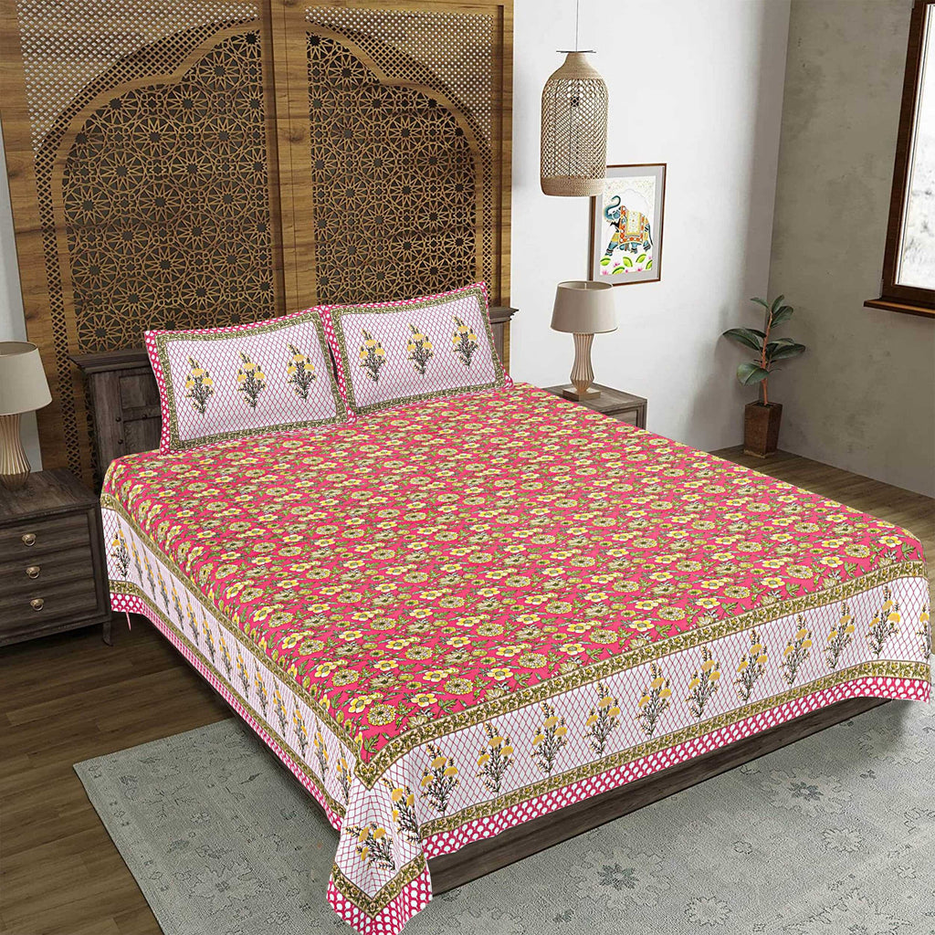 Rudra Bazaar Red 210 TC Cotton Double King Bedsheet With 2 Pillow Covers - Distacart