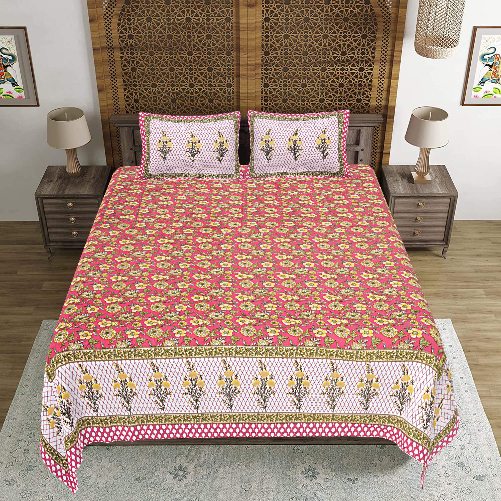 Rudra Bazaar Red 210 TC Cotton Double King Bedsheet With 2 Pillow Covers - Distacart