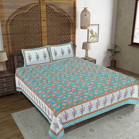 Rudra Bazaar Turquoise Blue 210 TC Cotton Double King Bedsheet With 2 Pillow Covers