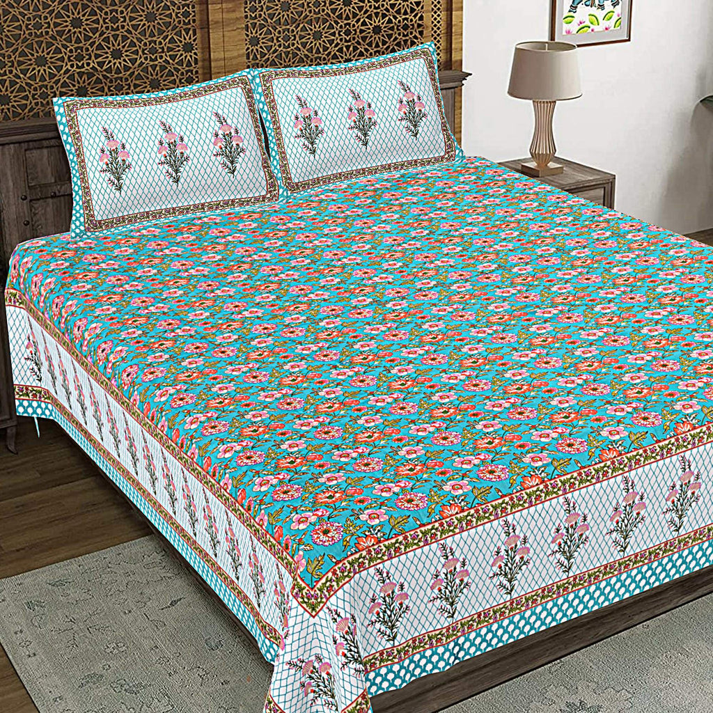 Rudra Bazaar Turquoise Blue 210 TC Cotton Double King Bedsheet With 2 Pillow Covers - Distacart