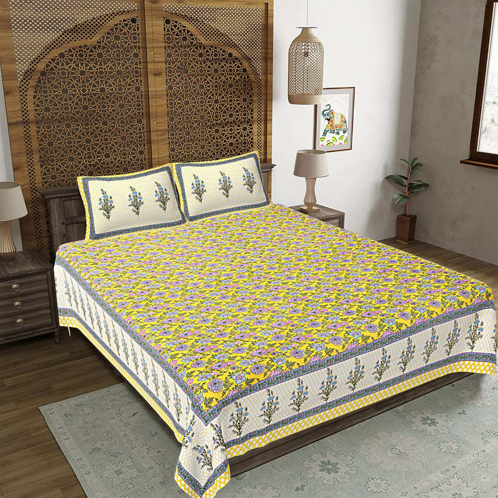 Rudra Bazaar Yellow 210 TC Cotton Double King Bedsheet With 2 Pillow Covers - Distacart