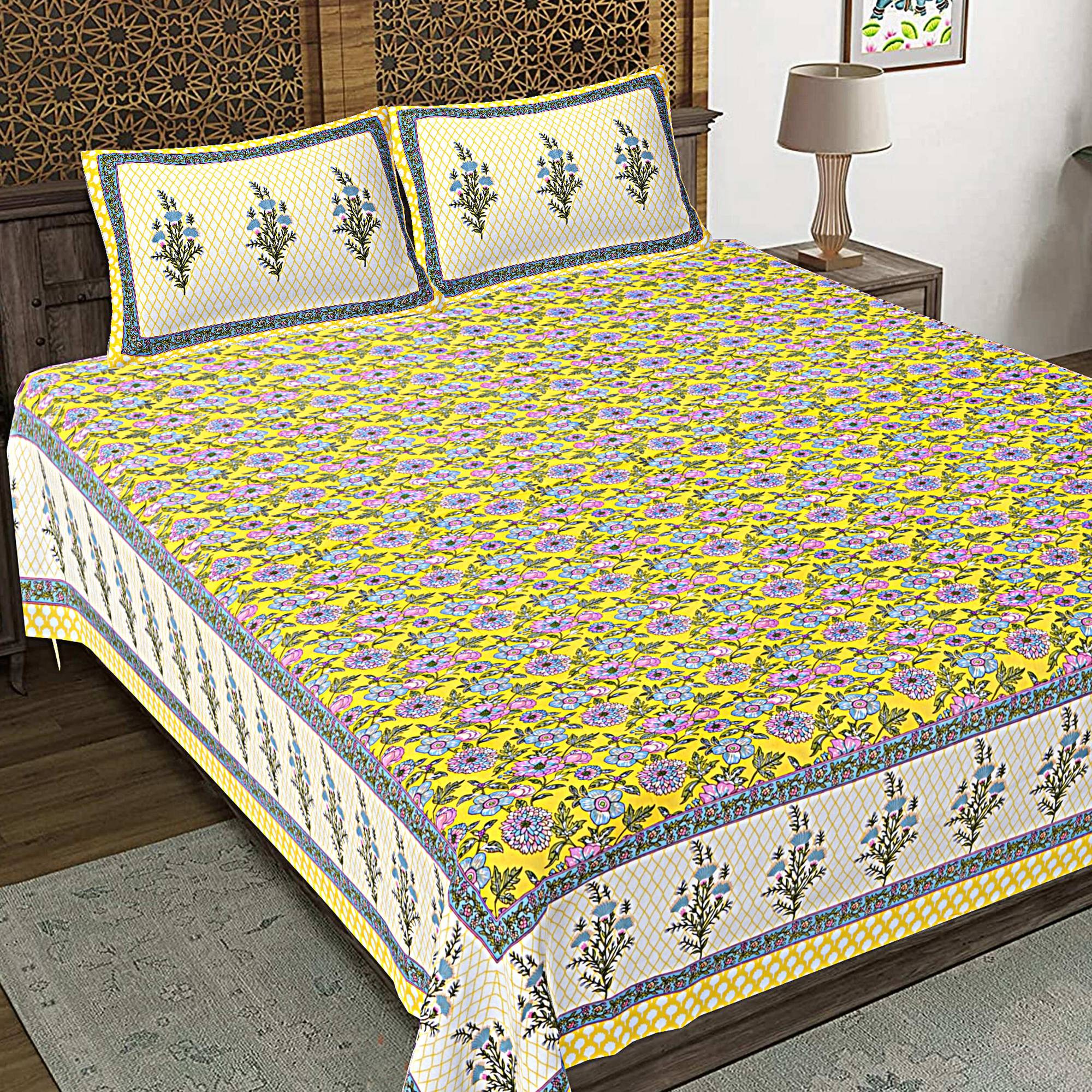 Rudra Bazaar Yellow 210 TC Cotton Double King Bedsheet With 2 Pillow Covers - Distacart
