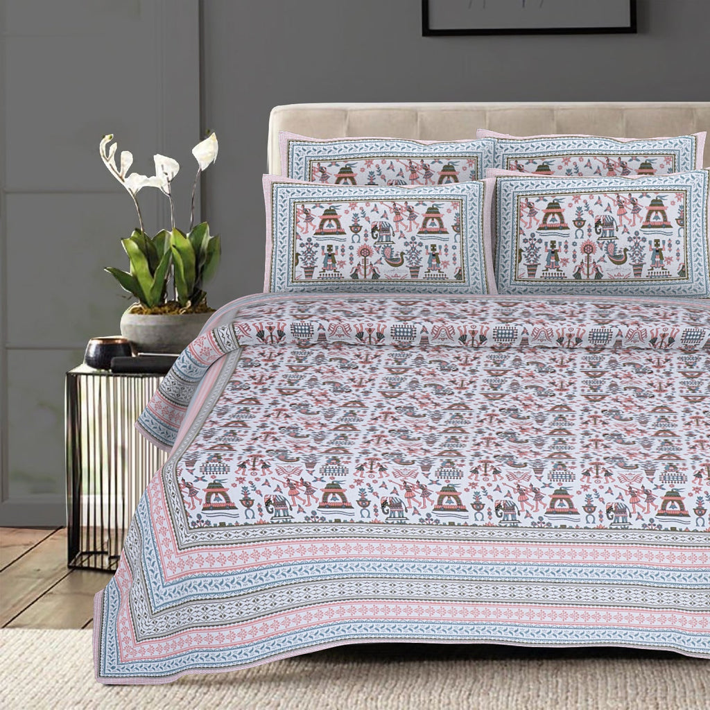 Rudra Bazaar Orange Turquise 210 TC Cotton Double King Bedsheet With 2 Pillow Covers - Distacart