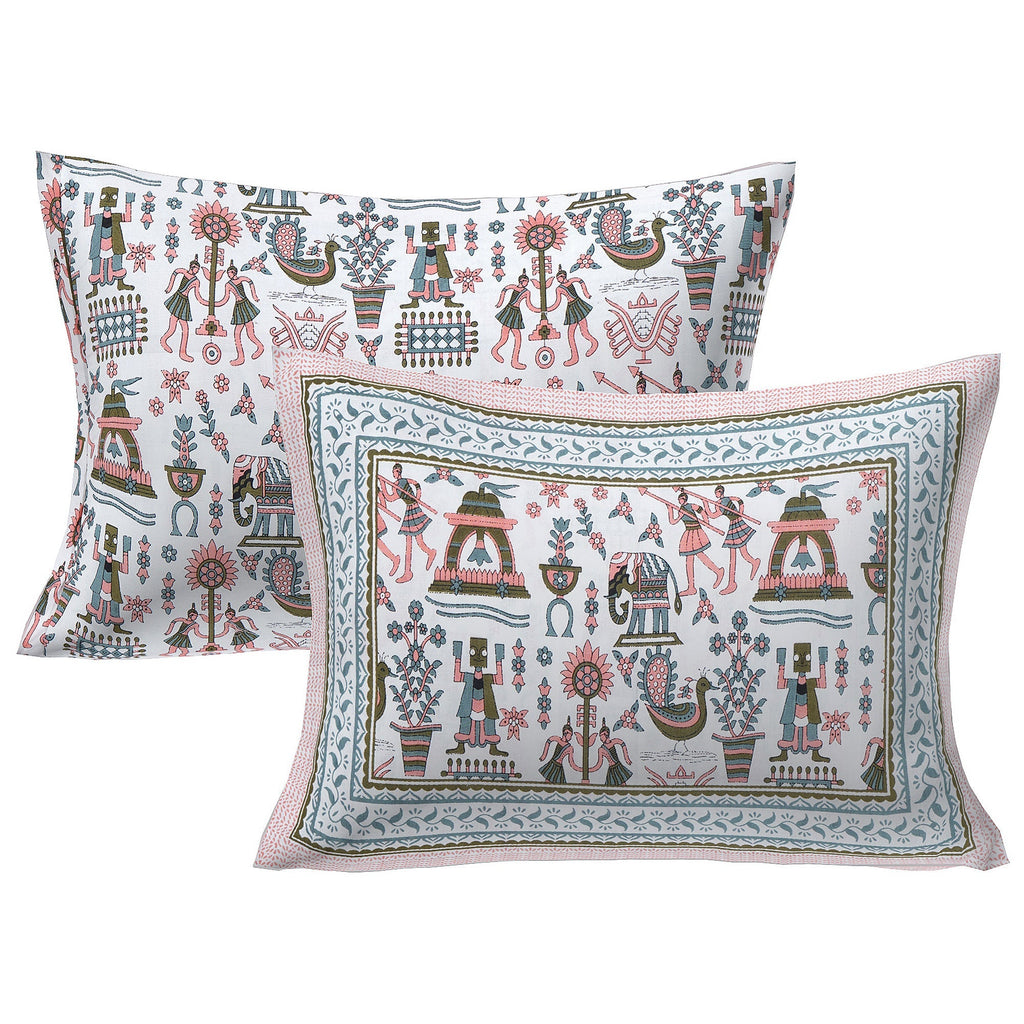 Rudra Bazaar Orange Turquise 210 TC Cotton Double King Bedsheet With 2 Pillow Covers - Distacart