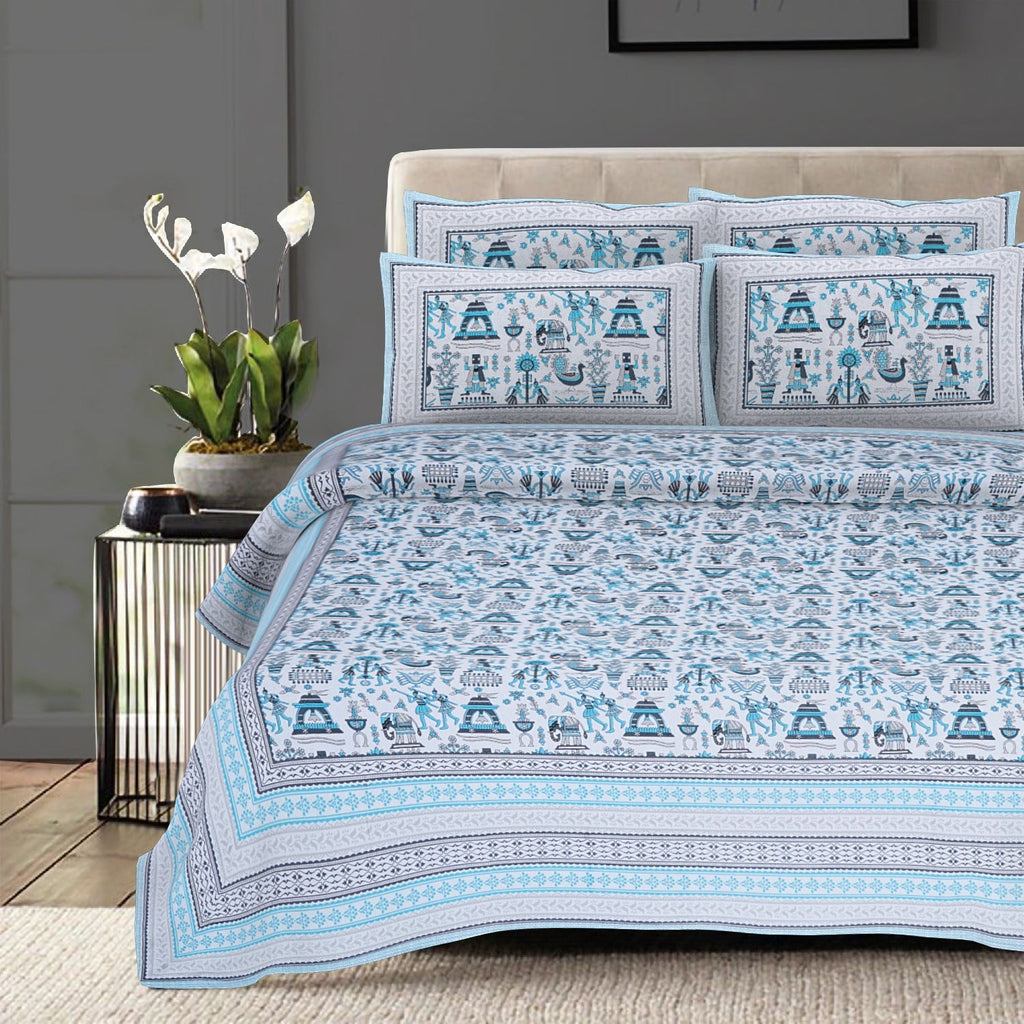 Rudra Bazaar Blue 210 TC Cotton Double King Bedsheet With 2 Pillow Covers - Distacart