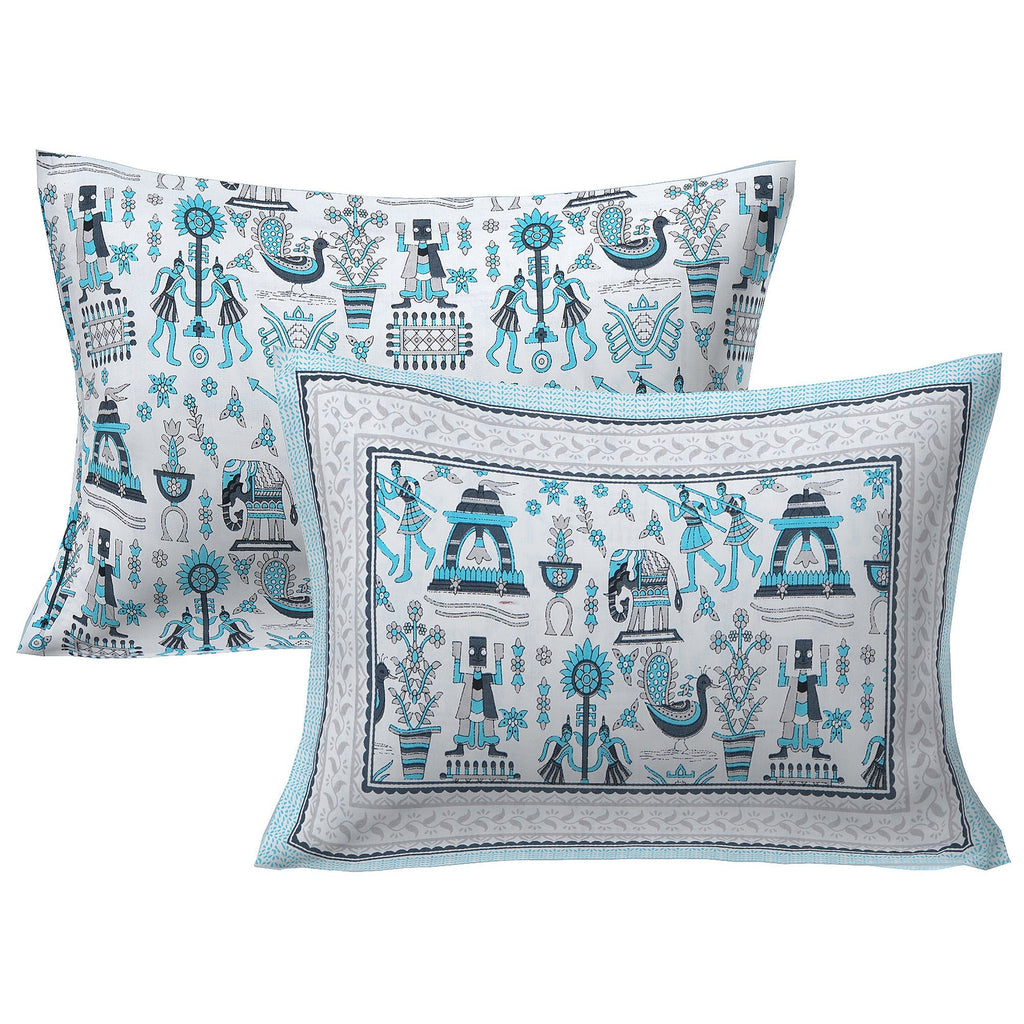Rudra Bazaar Blue 210 TC Cotton Double King Bedsheet With 2 Pillow Covers - Distacart