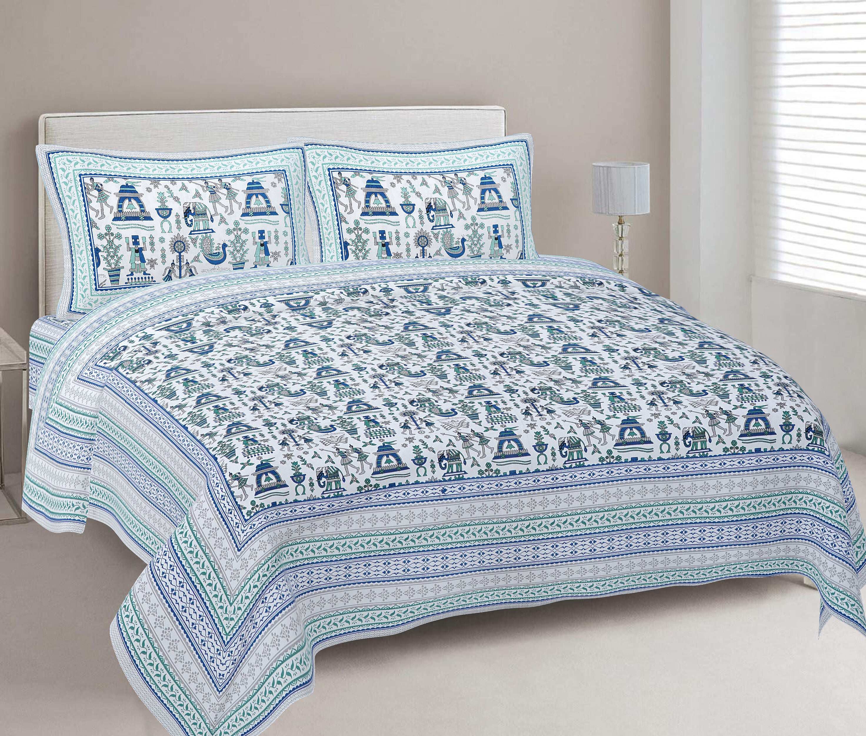 Rudra Bazaar Turquoise Blue 210 TC Cotton Double King Bedsheet With 2 Pillow Covers - Distacart