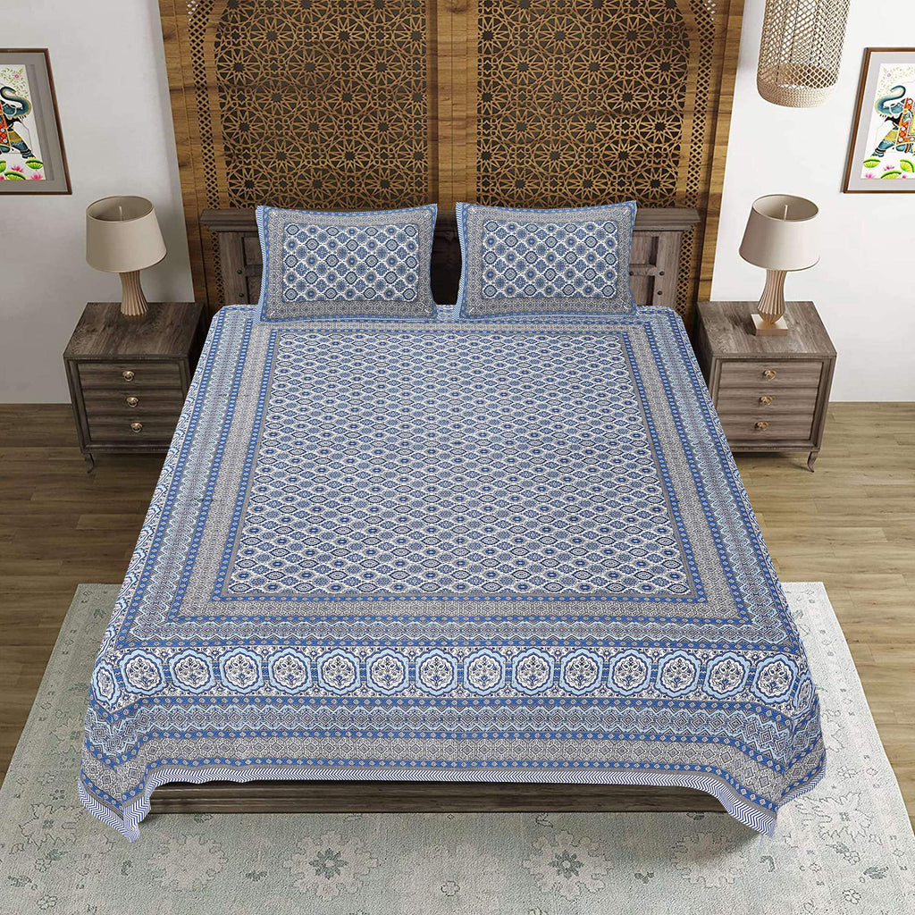 Rudra Bazaar Blue 210 TC Cotton Double King Bedsheet With 2 Pillow Covers - Distacart