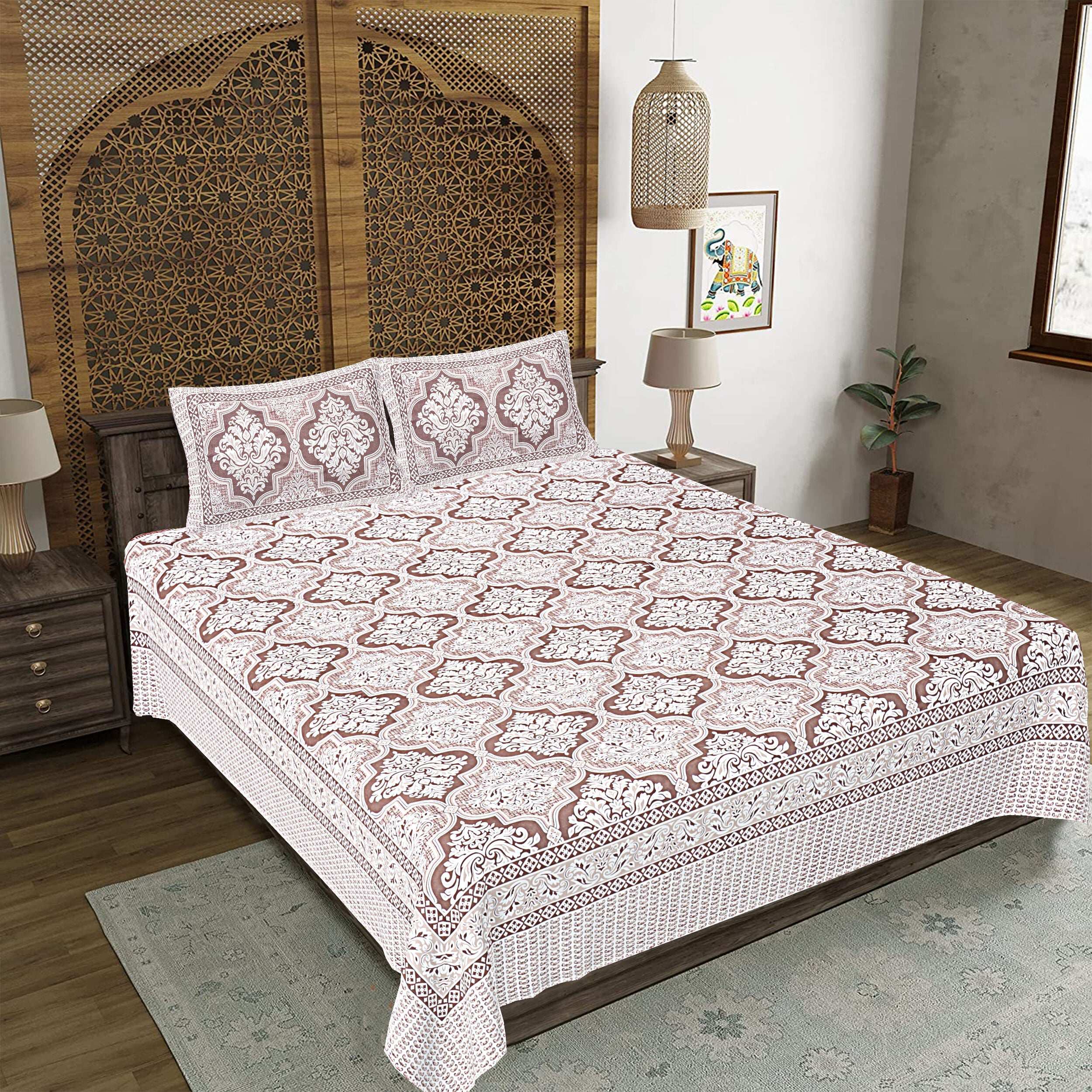 Rudra Bazaar Brown 210 TC Cotton Double King Bedsheet With 2 Pillow Covers - Distacart