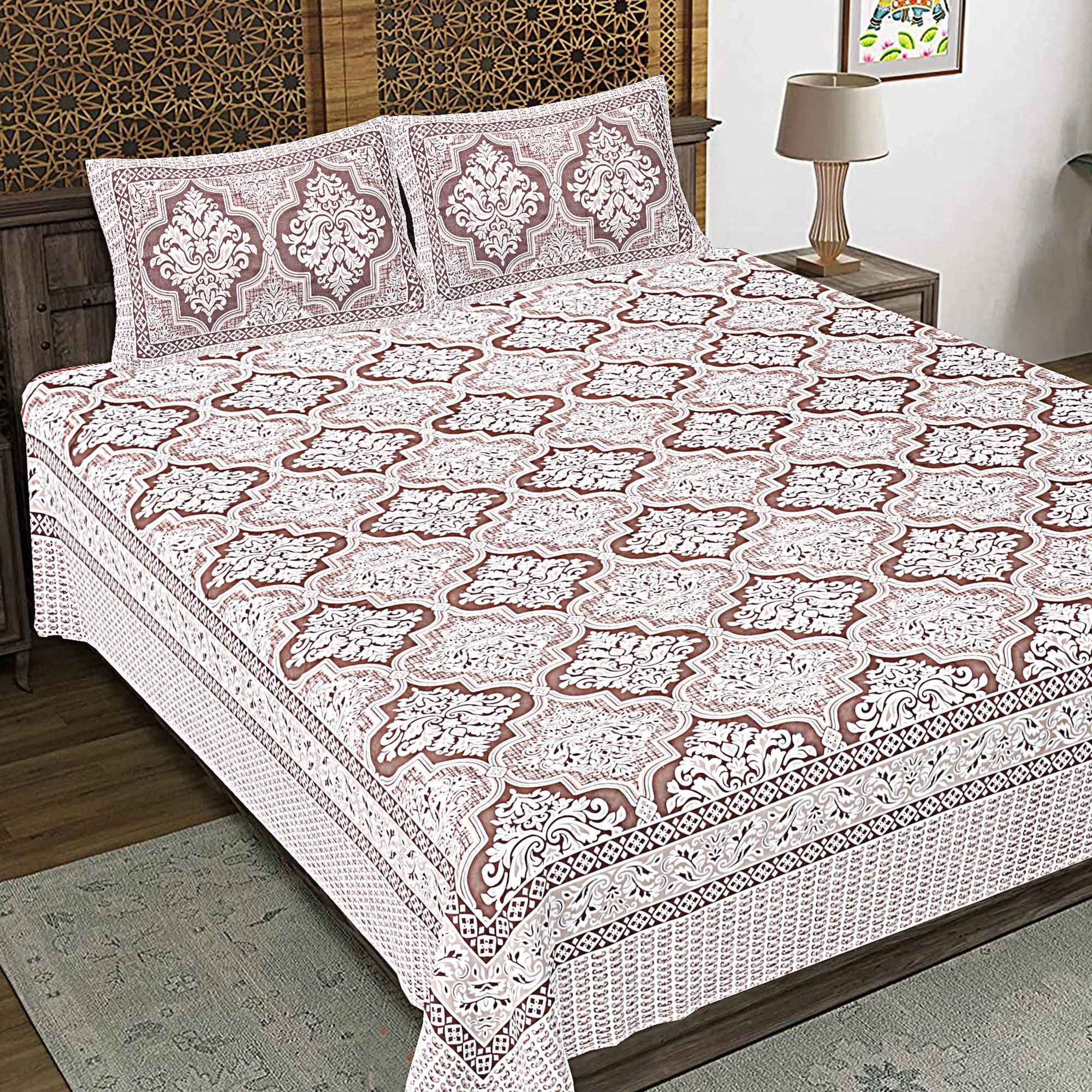 Rudra Bazaar Brown 210 TC Cotton Double King Bedsheet With 2 Pillow Covers - Distacart