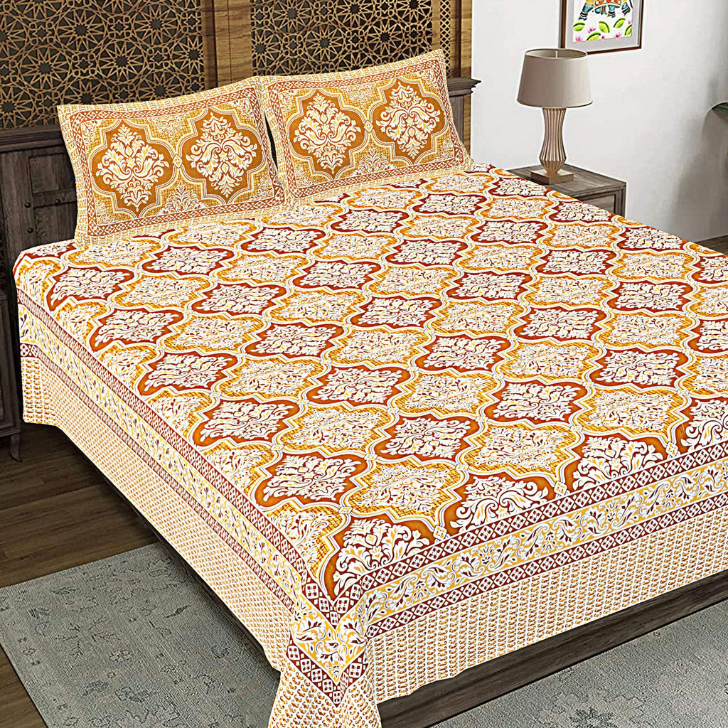 Rudra Bazaar Gold 210 TC Cotton Double King Bedsheet With 2 Pillow Covers - Distacart