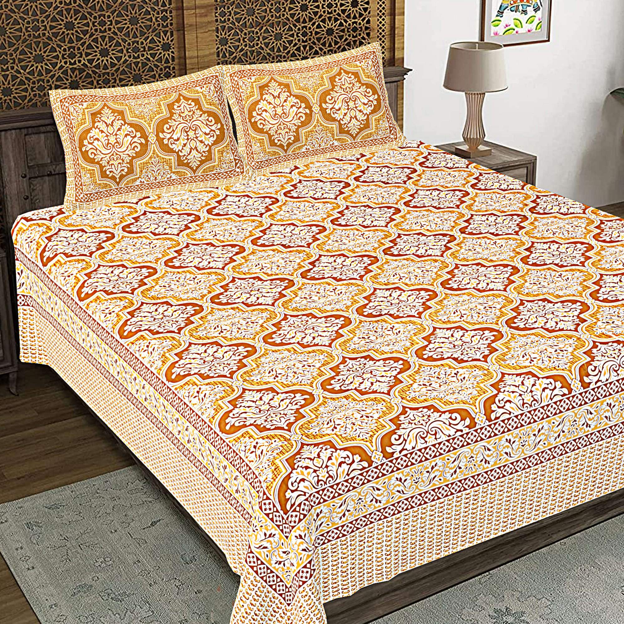 Rudra Bazaar Gold 210 TC Cotton Double King Bedsheet With 2 Pillow Covers - Distacart