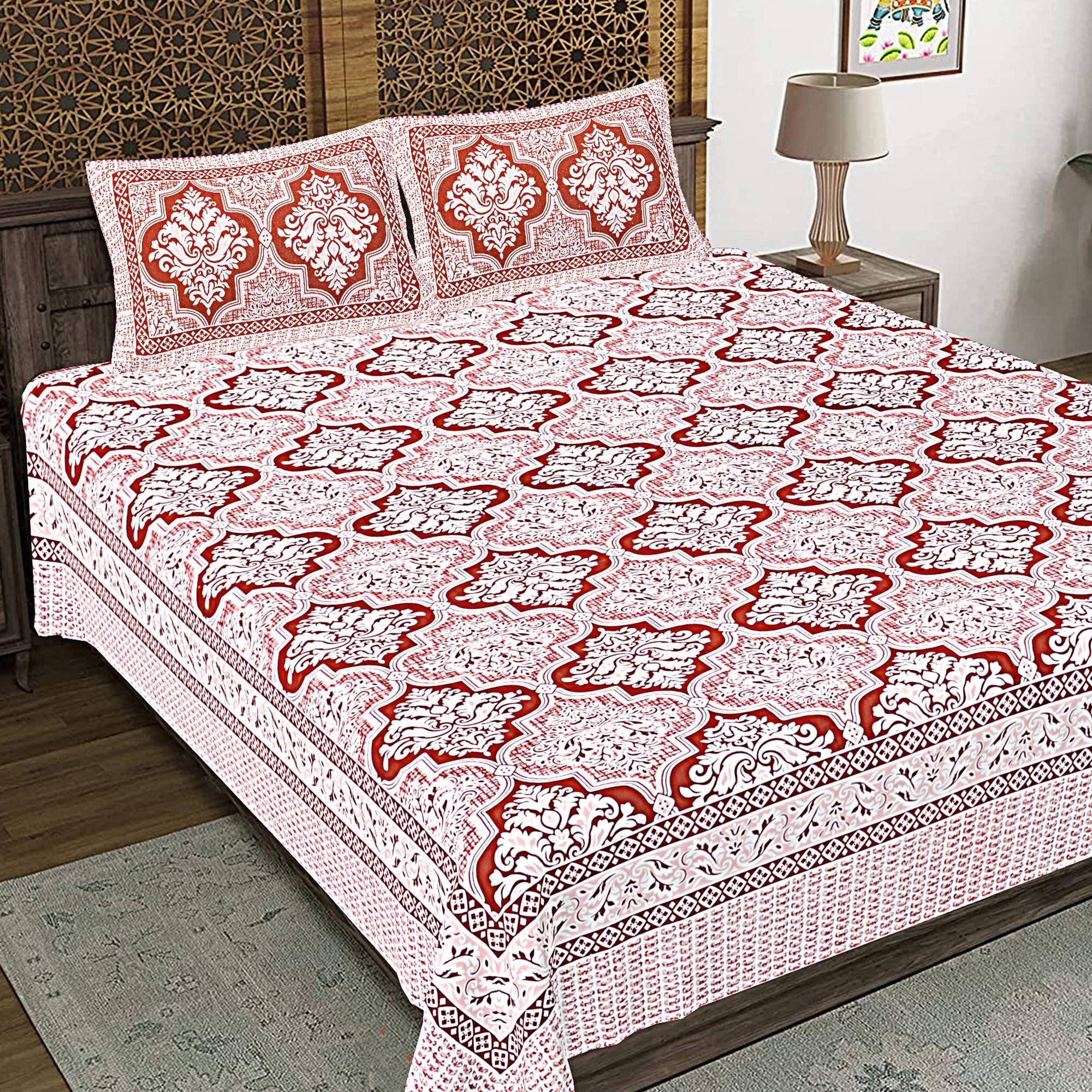 Rudra Bazaar Peach 210 TC Cotton Double King Bedsheet With 2 Pillow Covers - Distacart